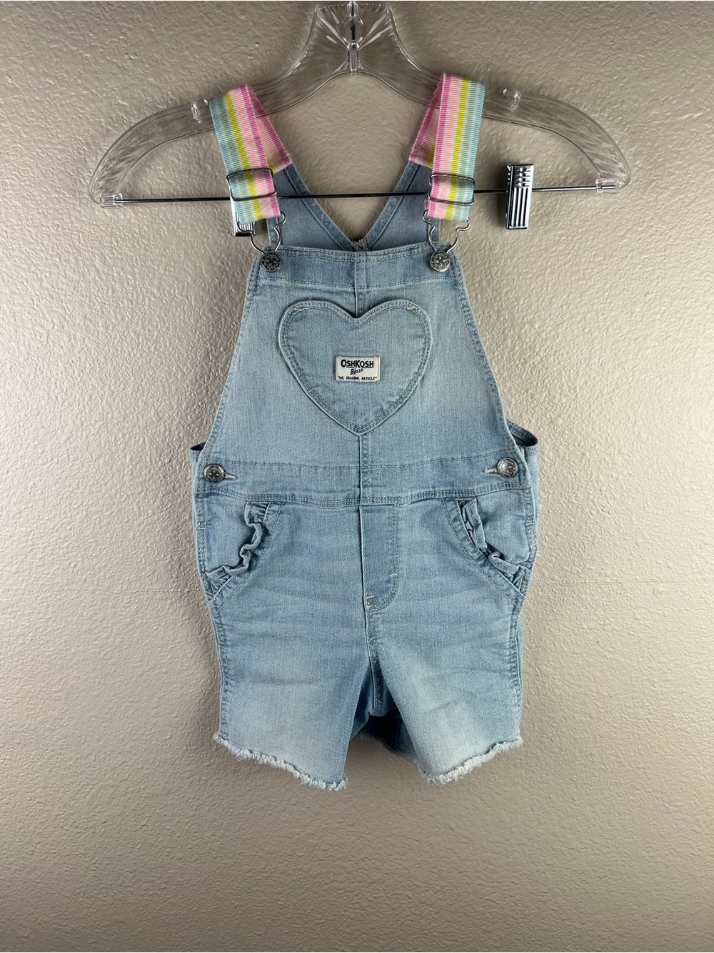 OshKosh 4T Denim Heart Rainbow Strap Shortalls